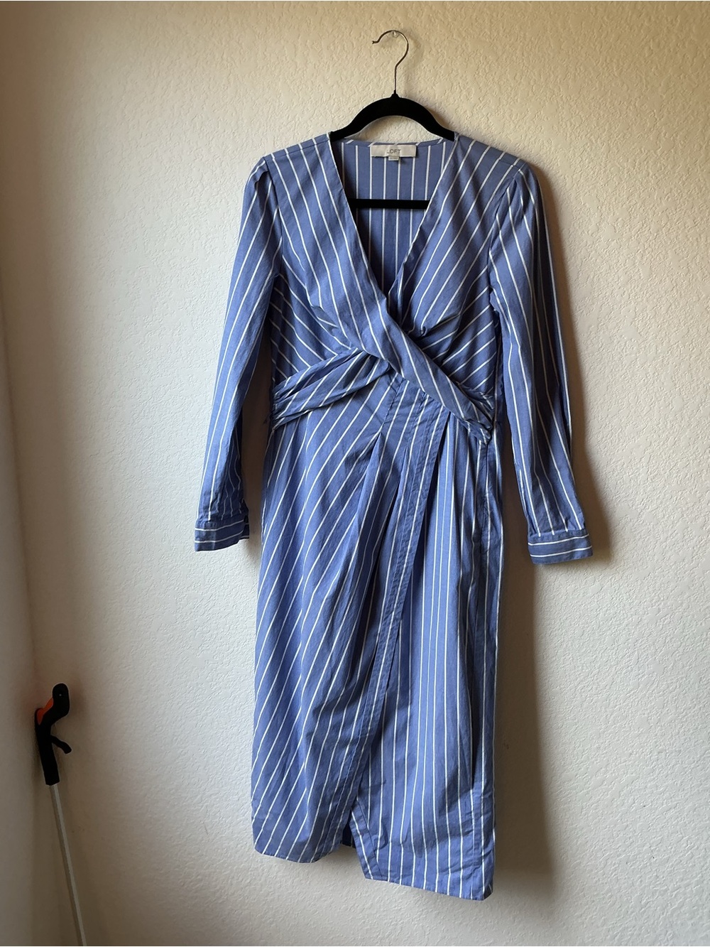 LOFT Blue and White Striped Twist-Waist Long Sleeve Dress